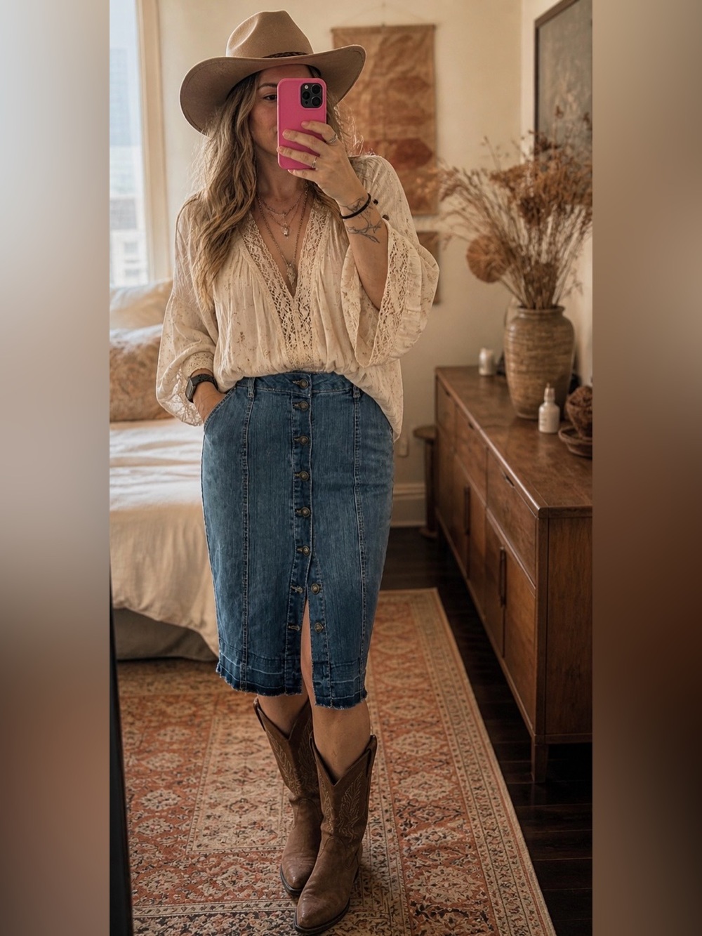 Stretch buttoned denim skirt